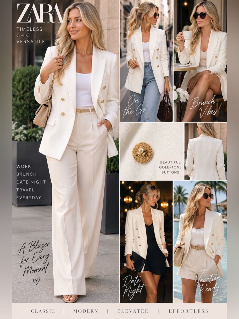 Zara Cream White Double-Breasted Blazer Tailored Jacket Size Medium
